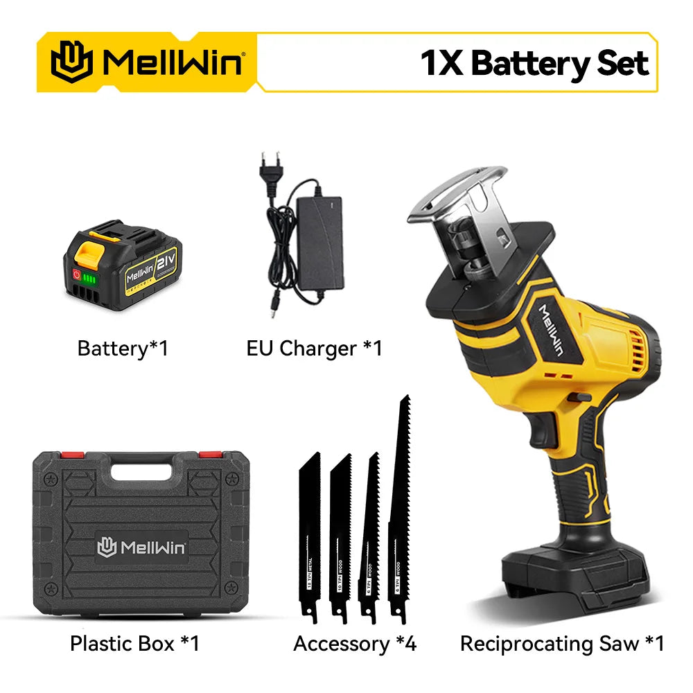 MELLWIN Brushless Cordless Reciprocating Saw 12000 SPM, 18V Compatible Electric Cut Saw for Wood, Metal & Pipe, Portable DIY Cutting Tool