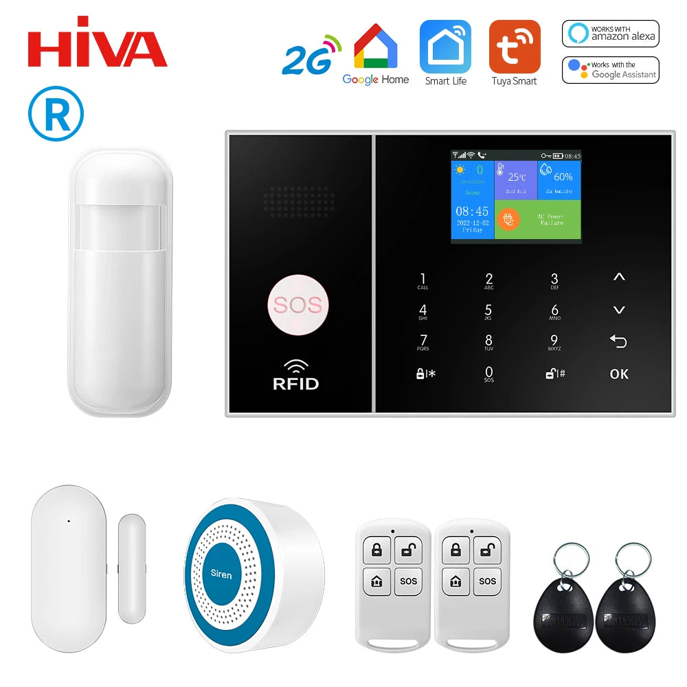HIVA Security Alarm System For Home GSM Wifi Tuya Smart Life App Control Burglar Alarm Kit With Pir Door Sensor work with Alexa