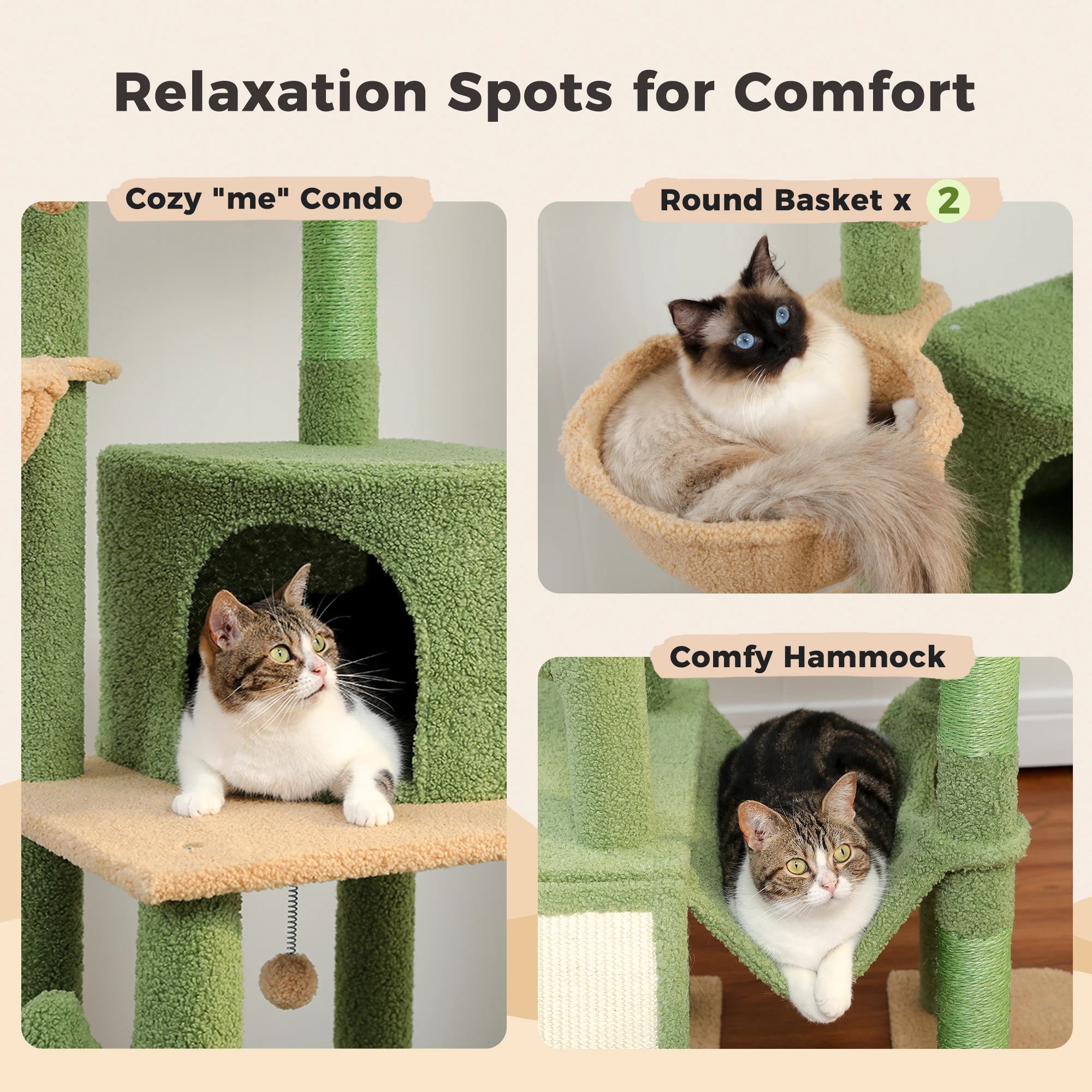 Cactus Floor-to-Ceiling Cat Tree Tower – 7-Tier Adjustable Cat Climbing Tree with Hammocks & Condo