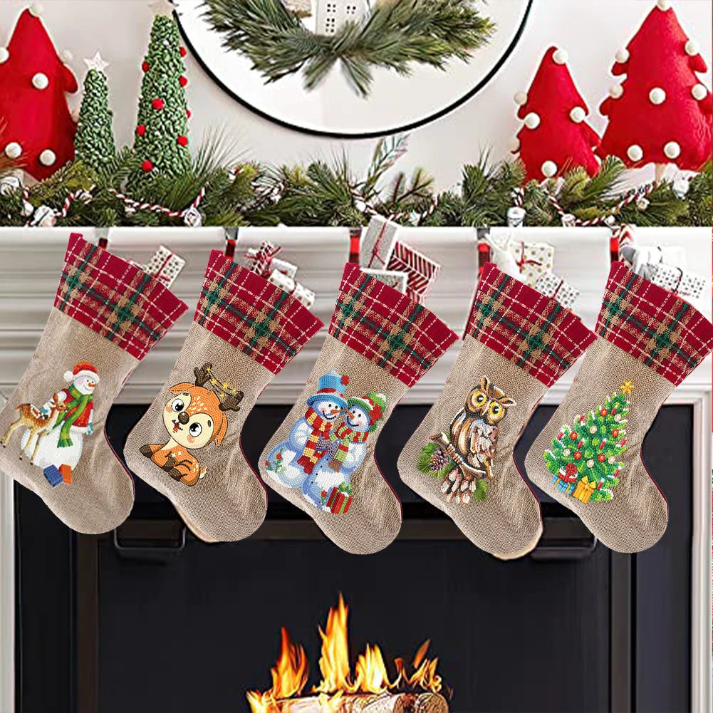 Linen Christmas Stockings Socks Gnome Xmas Snowman DIY Diamond Painting Christmas Hanging Ornament For Holiday Family Party