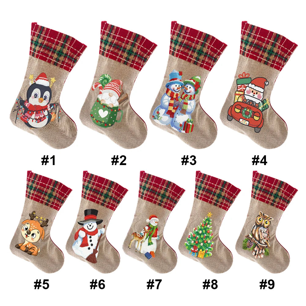 Linen Christmas Stockings Socks Gnome Xmas Snowman DIY Diamond Painting Christmas Hanging Ornament For Holiday Family Party