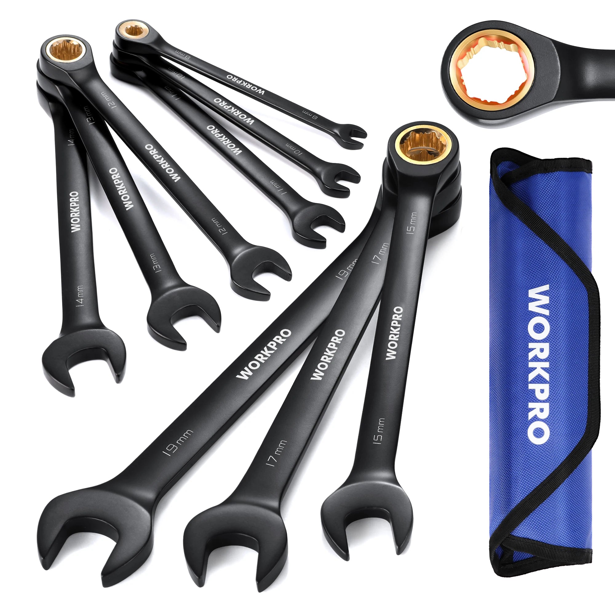 WORKPRO 9-Piece Anti-Slip Ratcheting Combination Wrench Set | 72-Tooth Cr-V Metric/SAE 8–19 mm | Durable Black Carbon Steel Ratchet Wrenches