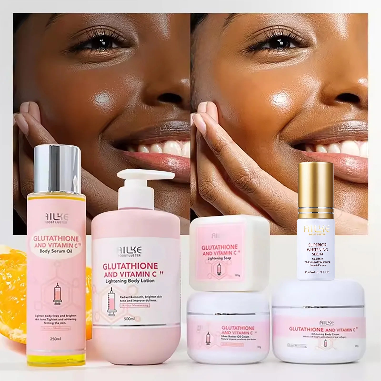 AILKE Vitamin C + Glutathione Brightening Skincare Set – Moisturizing, Whitening & Glow-Boosting Full Body System
