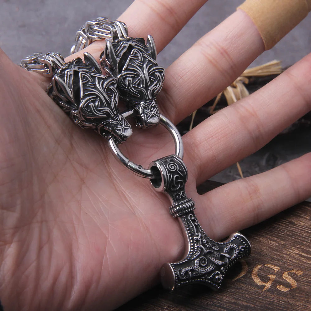 Viking Thor’s Hammer Necklace with Wolf Head & Wooden Gift Box