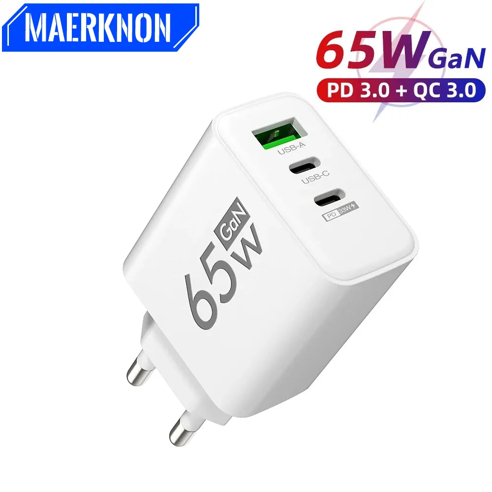 ⚡65W GaN Fast Charger with Triple Ports – Ultra-Compact PD & QC 3.0 Wall Adapter for iPhone, Samsung & Xiaomi