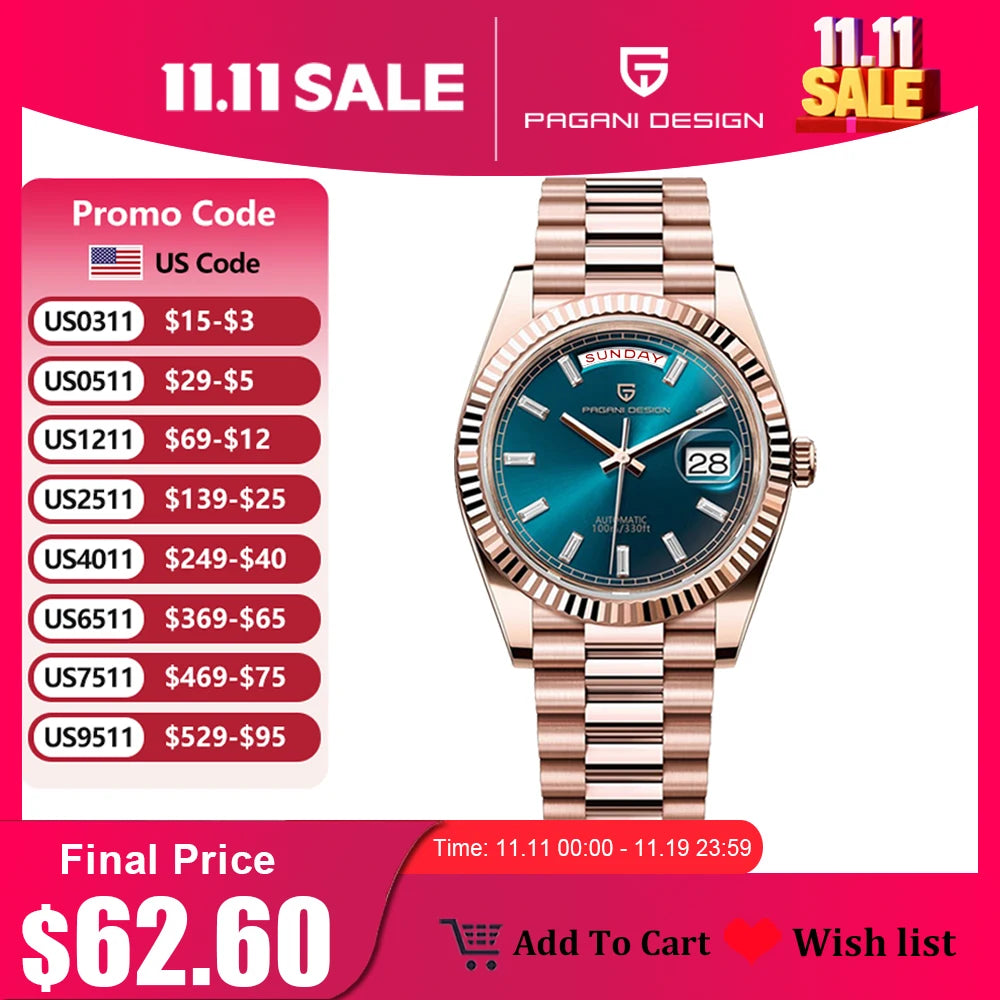 2025 PAGANI DESIGN Luxury Rose Gold Automatic Mechanical Watch – Men’s Sapphire Sports Timepiece