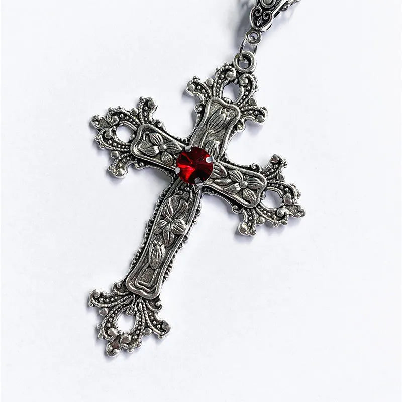 Vintage Gothic Zircon Cross Necklace – Y2K Inspired Unisex Pendant for Men & Women
