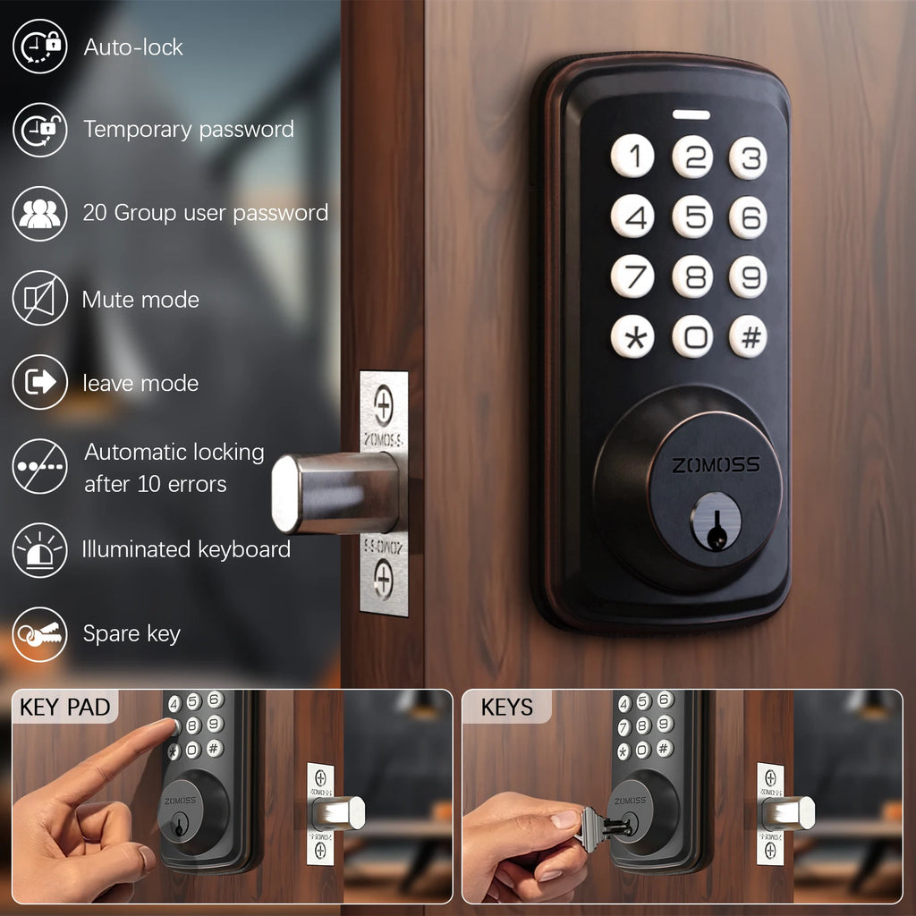 ZOMOSS Smart Keypad Door Lock,Digital Code Keyless Entry With Anti-Peeking Password, Auto Lock, And Easy Installation
