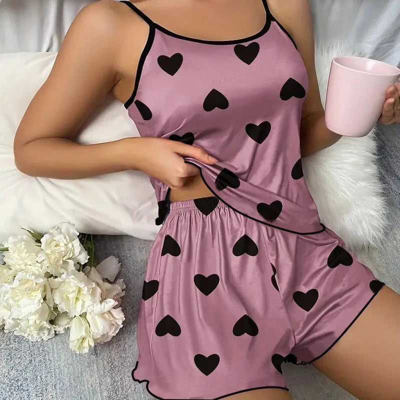 DreamSoft™ Women’s Ice-Silk Summer Pajama Set – Pink Heart Print Sleeveless Top & Shorts Lounge Set