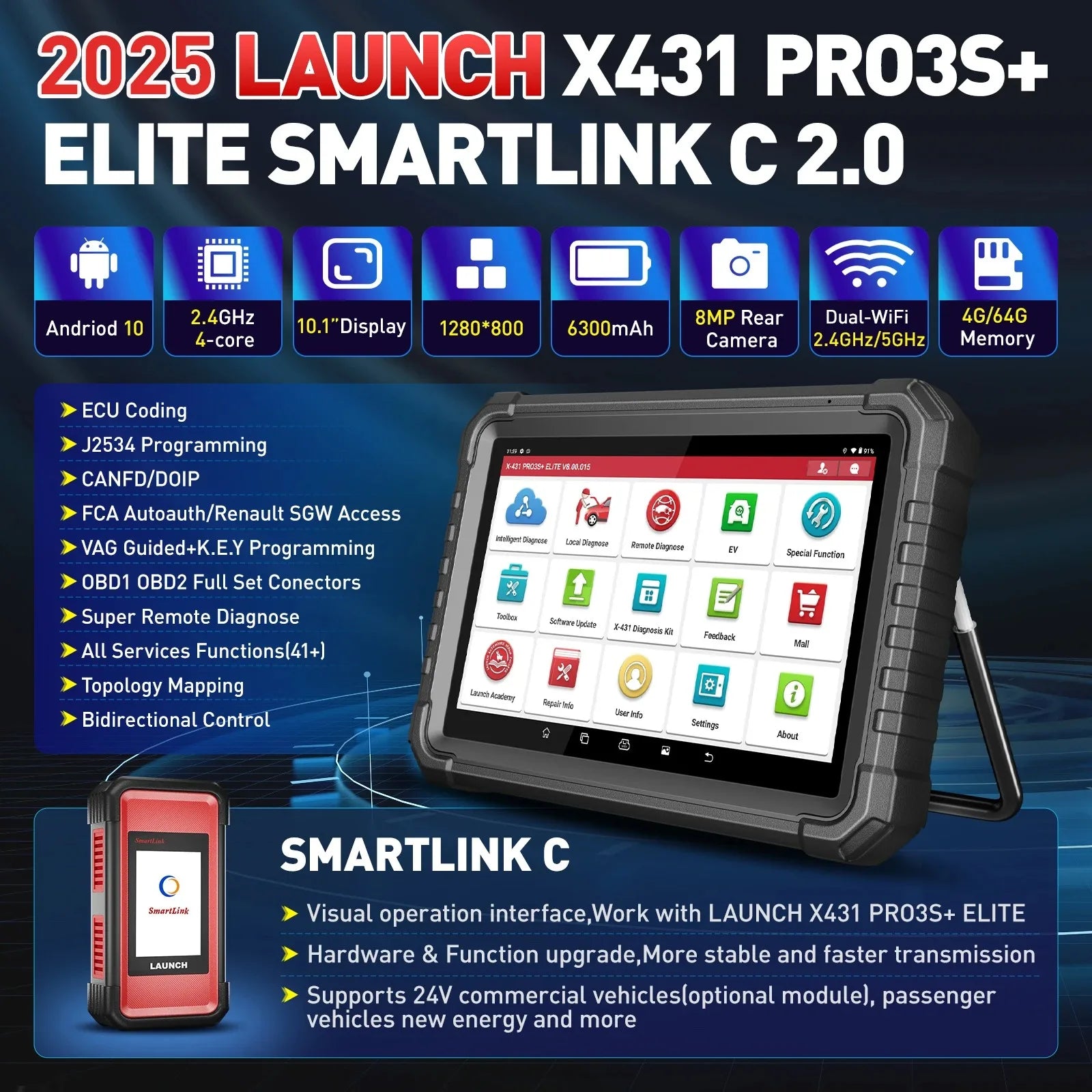 2025 LAUNCH X-431 PRO3S+ Elite V2.0 SmartLink C — Premium All-System Diagnostic Tablet with ECU Coding, J2534 Programming & Topology Mapping