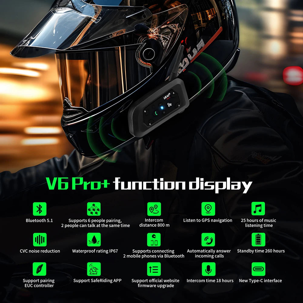 EJEAS V6 PRO+ Motorcycle Bluetooth Intercom — 6-Rider 800m Communication, IP67 Waterproof, Noise-Canceling Helmet Headset