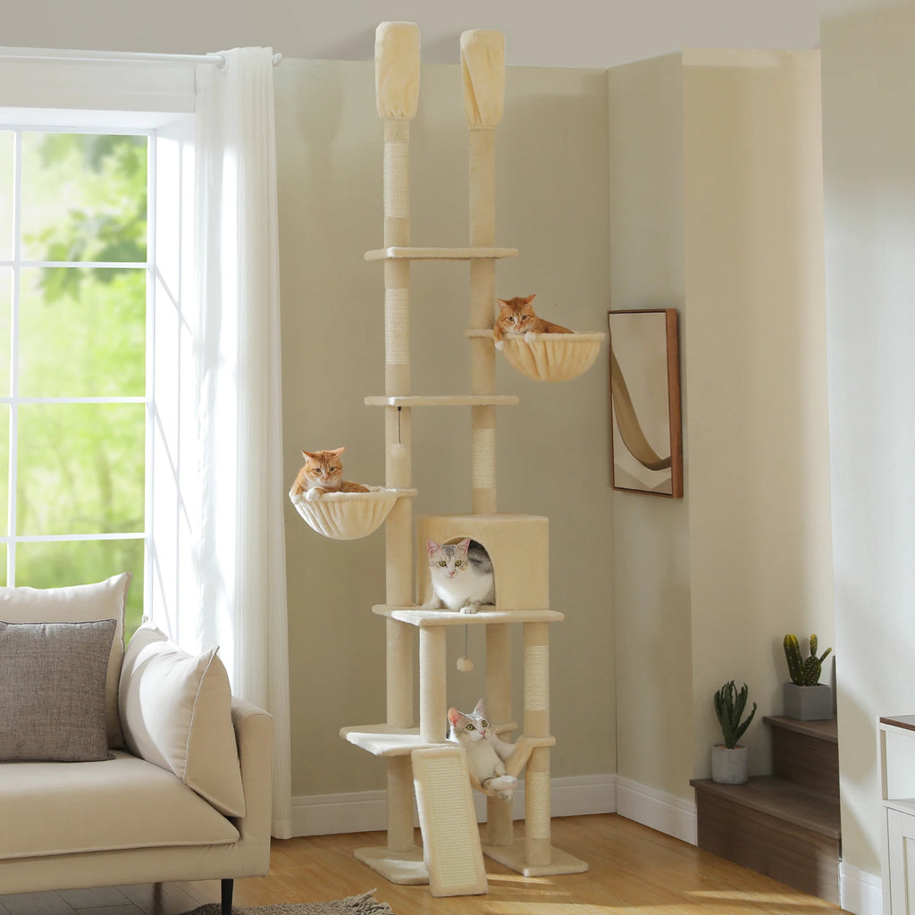 Cactus Floor-to-Ceiling Cat Tree Tower – 7-Tier Adjustable Cat Climbing Tree with Hammocks & Condo