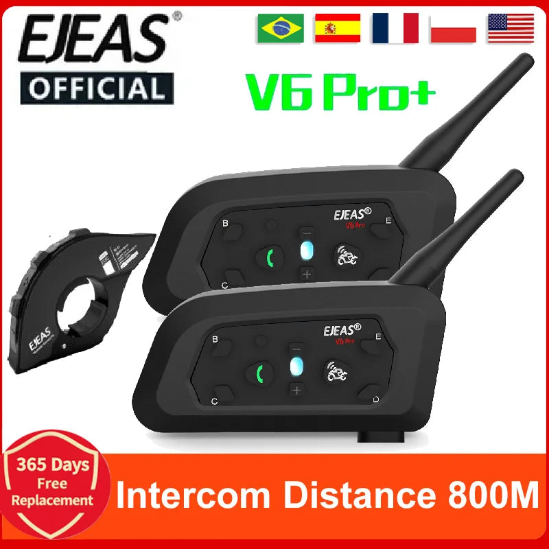 EJEAS V6 PRO+ Motorcycle Bluetooth Intercom — 6-Rider 800m Communication, IP67 Waterproof, Noise-Canceling Helmet Headset