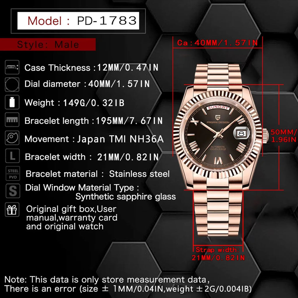 2025 PAGANI DESIGN DD40 Rose Gold Men’s Automatic Mechanical Watch – Luxury Sapphire Crystal Timepiece