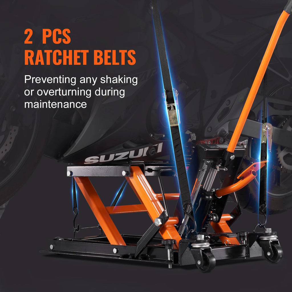 SucceBuy 1500 LB Hydraulic Motorcycle Jack Stand – Steel ATV & UTV Scissor Lift with 4 Wheels, Foot-Operated Lift, Safety Lock Pin