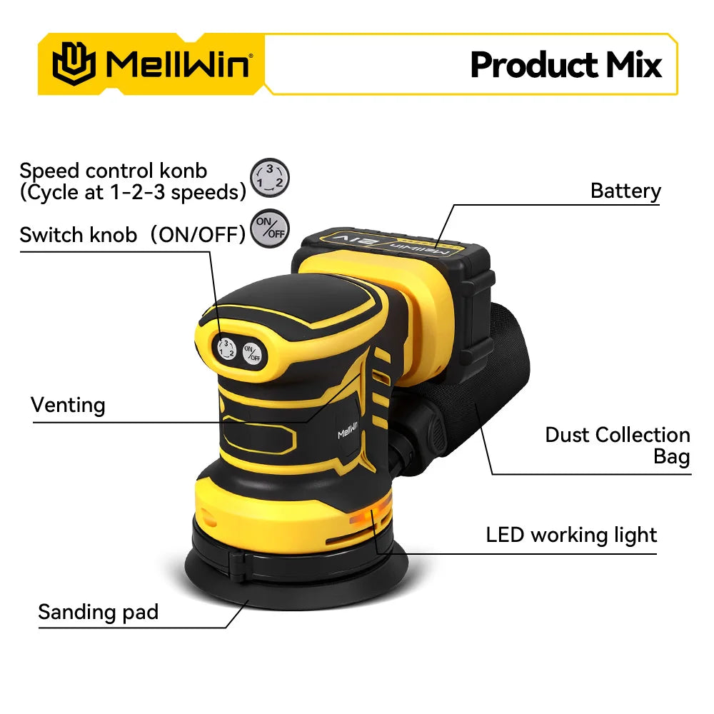 MELLWIN 125mm Cordless Orbital Sander Polisher, 3-Speed Adjustable 18V Electric Sander for Wood & Metal, Makita 18V Battery Compatible