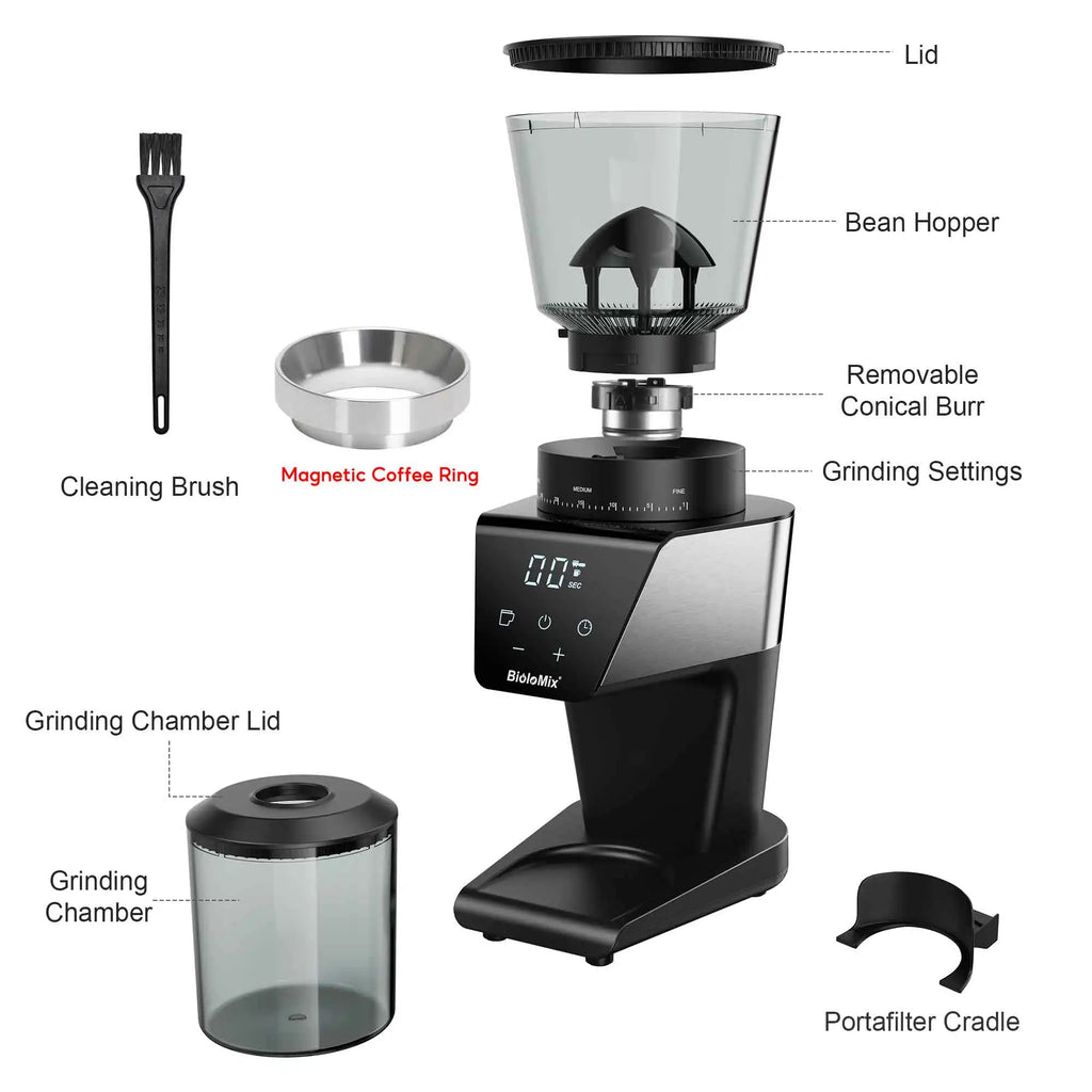 BioloMix Precision Conical Burr Coffee Grinder – 30-Setting Electric Burr Mill with LCD Timer, Magneti Ring & 300g Hopper