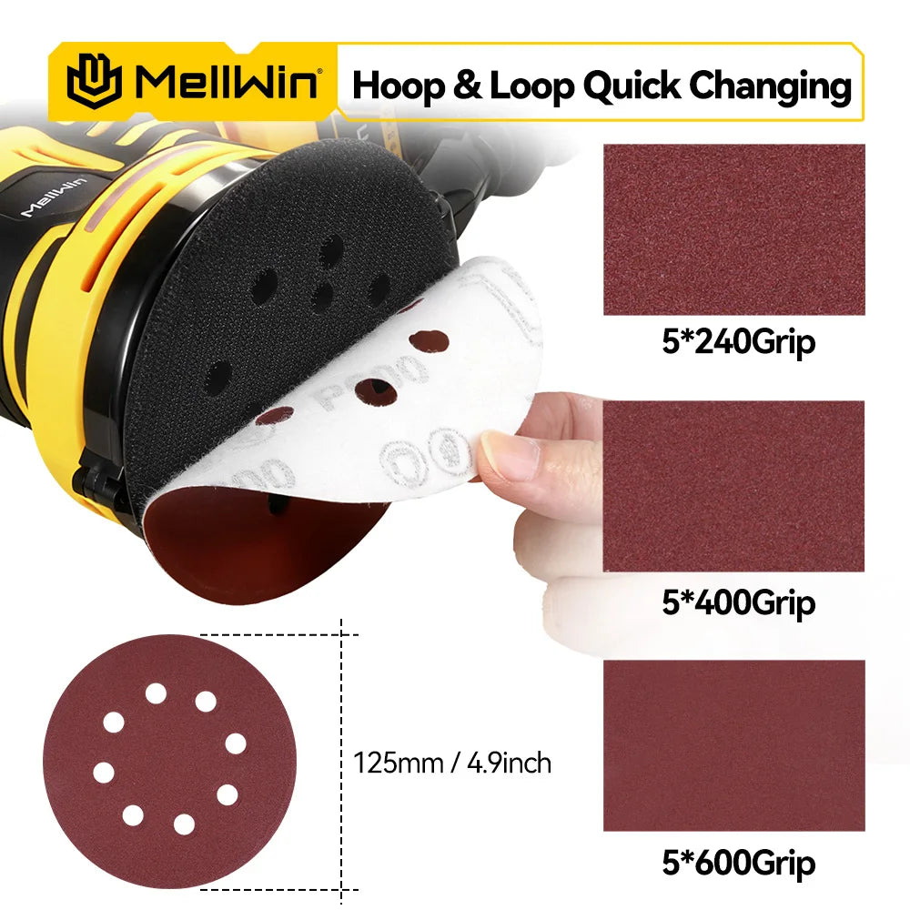 MELLWIN 125mm Cordless Orbital Sander Polisher, 3-Speed Adjustable 18V Electric Sander for Wood & Metal, Makita 18V Battery Compatible