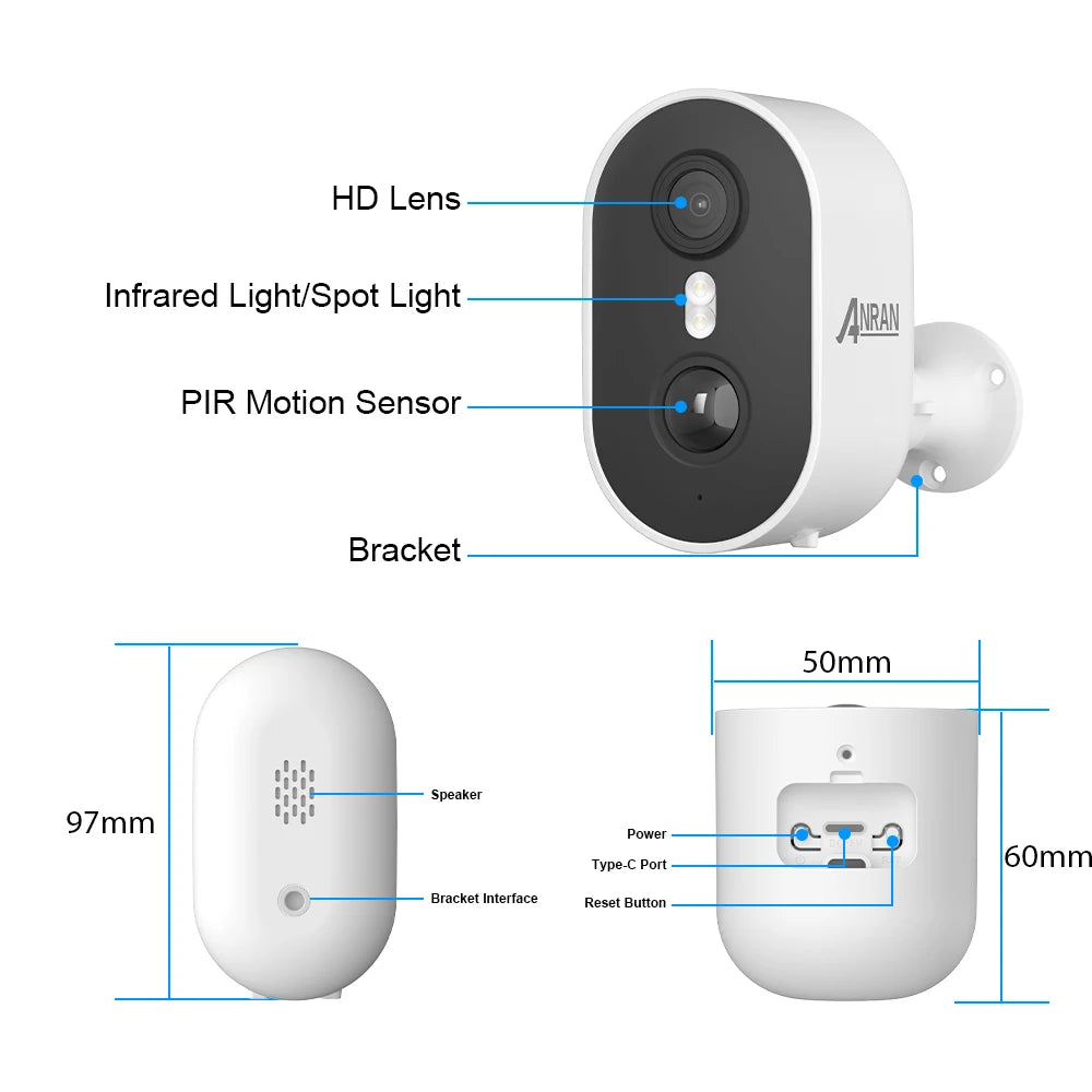 ANRAN C2 2K Rechargeable WiFi Security Camera – Smart PIR Detection, Color Night Vision & IP65 Weatherproof Protection
