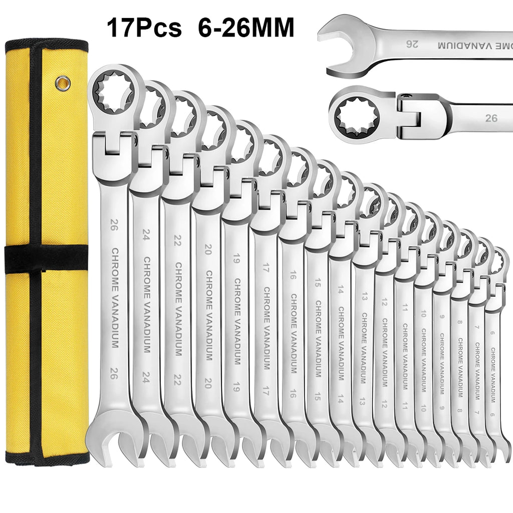 WOZOBUY Flex-Head Ratchet Wrench Set – 12/14/16/17 Pcs | 6–26mm | 72-Tooth Cr-V Combination Wrench Kit with Rolling Storage Bag