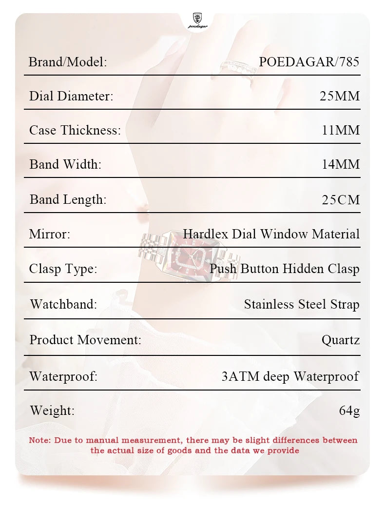 POEDAGAR Women’s Elegant Rectangle Stainless Steel Watch – Waterproof Quartz Date Fashion Wristwatch