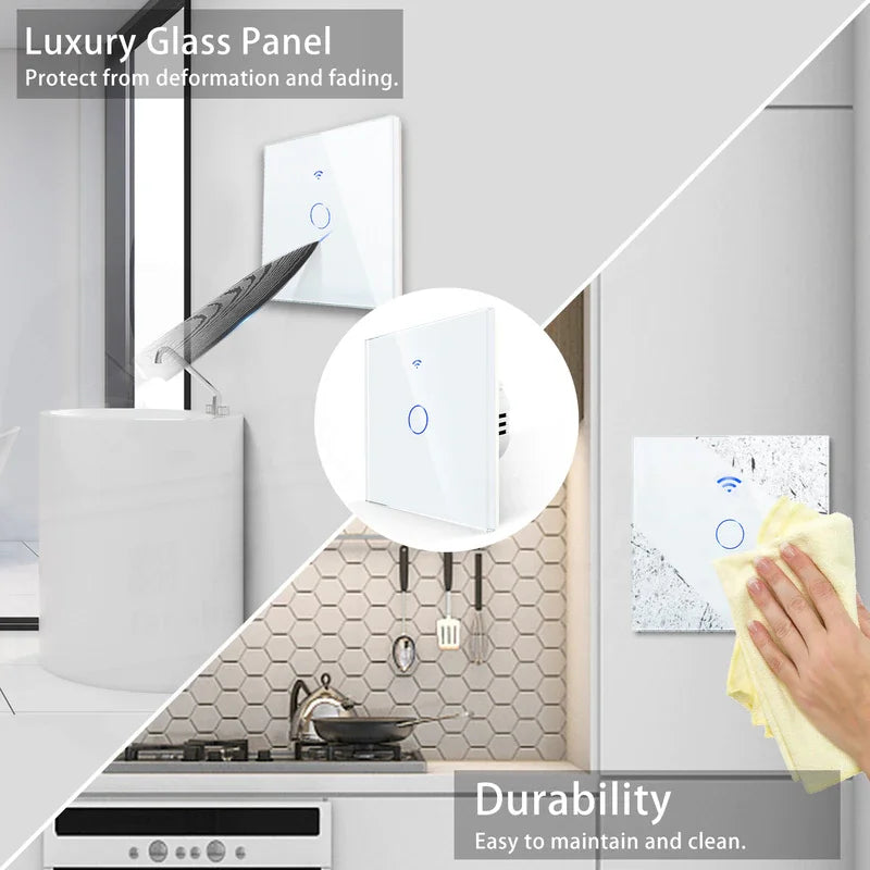 AXUS EU WiFi Smart Touch Light Switch - No Neutral Wire, RF433, Tuya App, Alexa & Google Home Compatible, Reliable & Safe