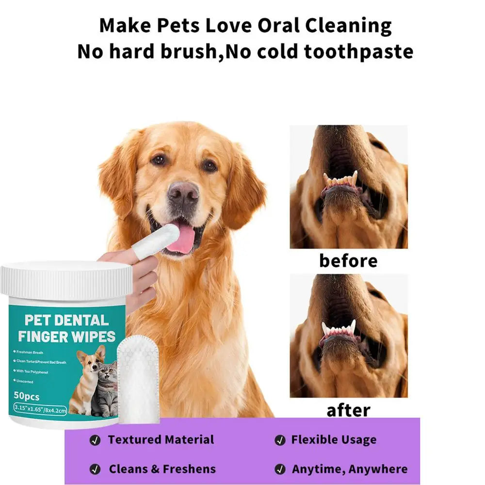 Pet Teeth Cleaning Wipes (50 Count) Dog & Cat Dental Finger Wipes for Bad Breath Removal, Portable Teeth Brushing Wipes for Home & Travel