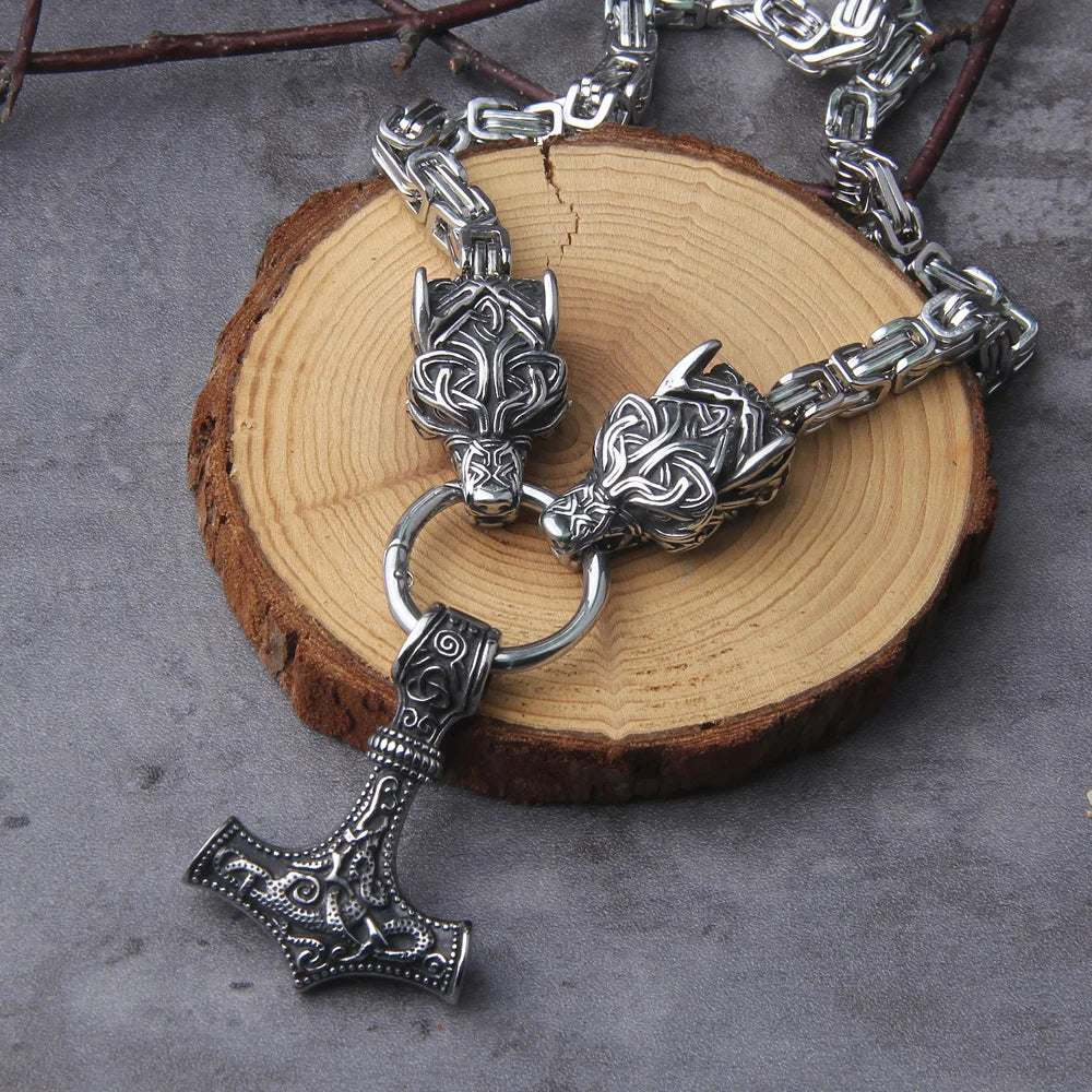 Viking Thor’s Hammer Necklace with Wolf Head & Wooden Gift Box