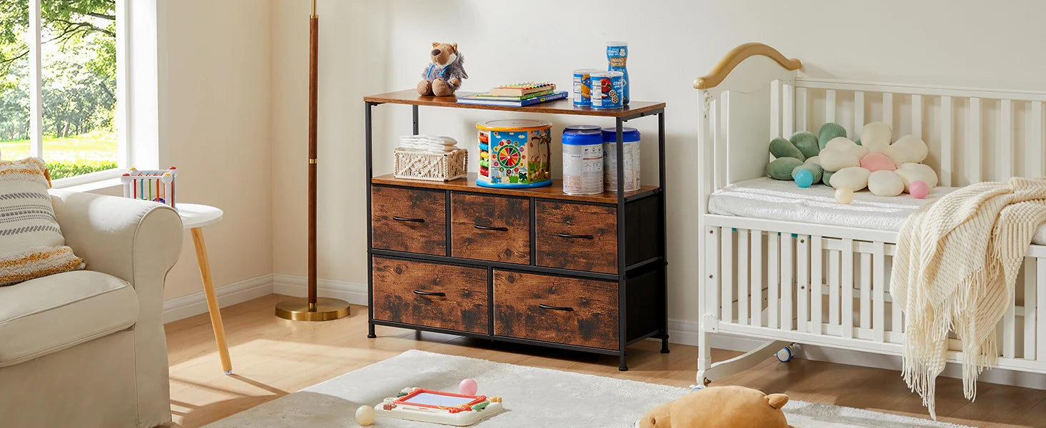 JHK Modern Fireplace TV Stand with 5 Fabric Drawers – Lightweight Storage Dresser for Bedroom & Living Room