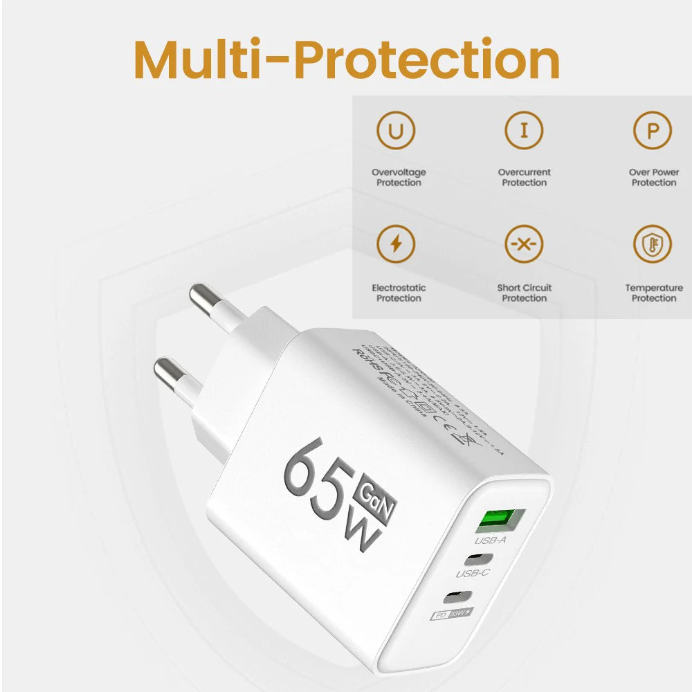 ⚡65W GaN Fast Charger with Triple Ports – Ultra-Compact PD & QC 3.0 Wall Adapter for iPhone, Samsung & Xiaomi