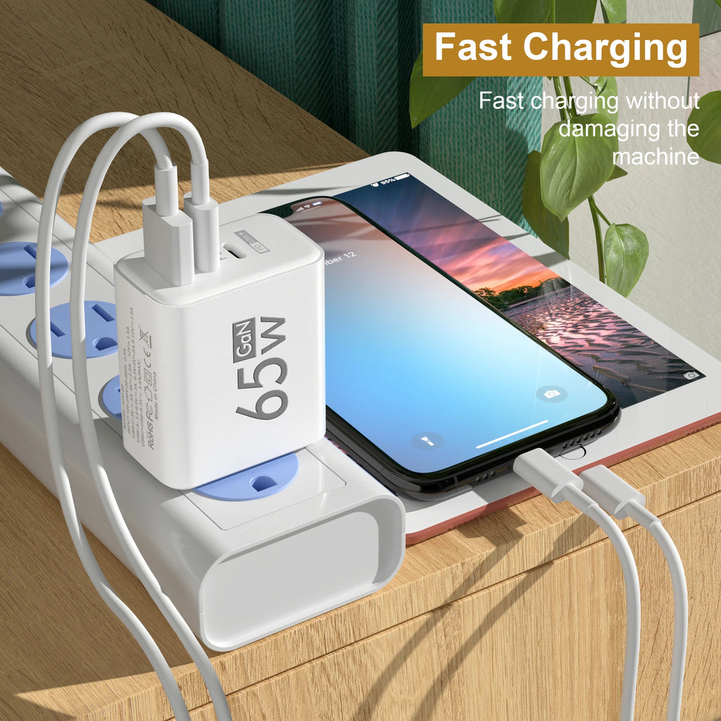 ⚡65W GaN Fast Charger with Triple Ports – Ultra-Compact PD & QC 3.0 Wall Adapter for iPhone, Samsung & Xiaomi