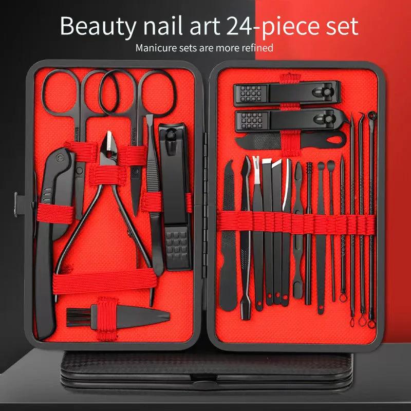 ✨ Luxe Carbon-Steel 24-Piece Nail Care Kit – Professional Manicure & Pedicure Set (Black + Red Edition)