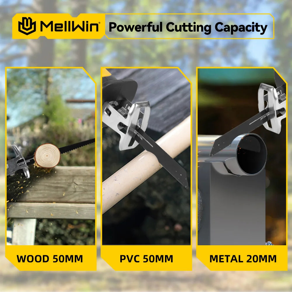 MELLWIN Brushless Cordless Reciprocating Saw 12000 SPM, 18V Compatible Electric Cut Saw for Wood, Metal & Pipe, Portable DIY Cutting Tool