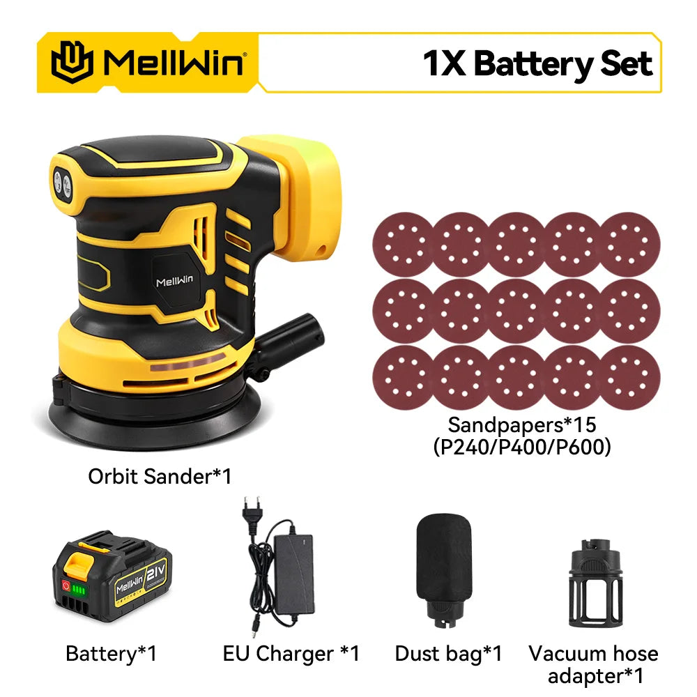 MELLWIN 125mm Cordless Orbital Sander Polisher, 3-Speed Adjustable 18V Electric Sander for Wood & Metal, Makita 18V Battery Compatible
