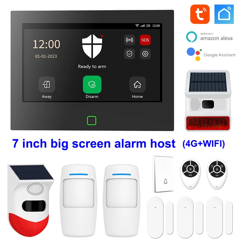 7 inch 4G & WiFi Home Alarm Host System Wireless GSM Big Screen Touch Panel Tuya Smart Security Protection Kit Remote Control