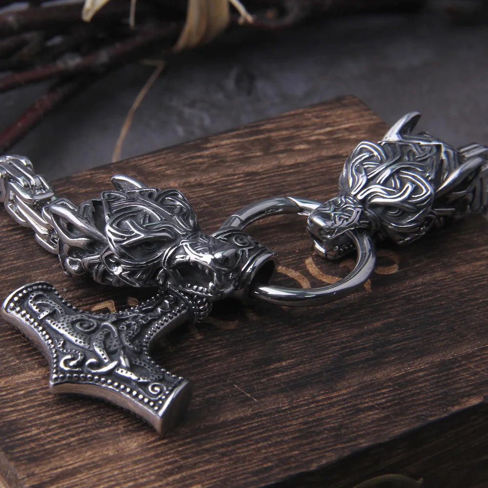 Viking Thor’s Hammer Necklace with Wolf Head & Wooden Gift Box