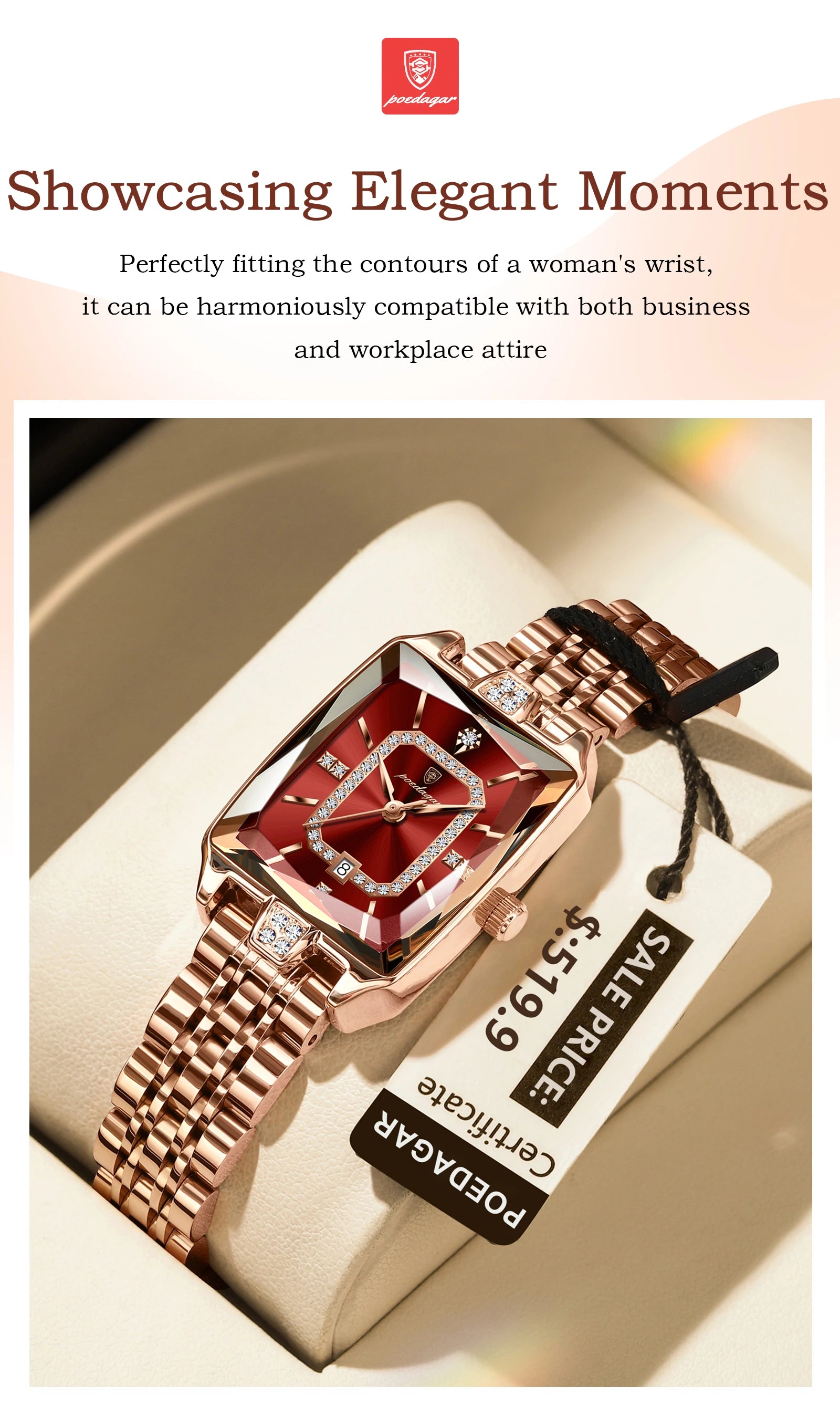 POEDAGAR Women’s Elegant Rectangle Stainless Steel Watch – Waterproof Quartz Date Fashion Wristwatch