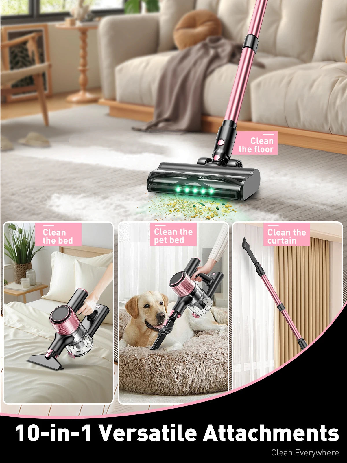 ✨ SuXiangVac 10-in-1 Cordless Vacuum Cleaner – 40Kpa, 500W, 45-Min Runtime, LED Display, Green Light Detection, HEPA Filtration – Perfect for Pets, Hard Floors & Carpets