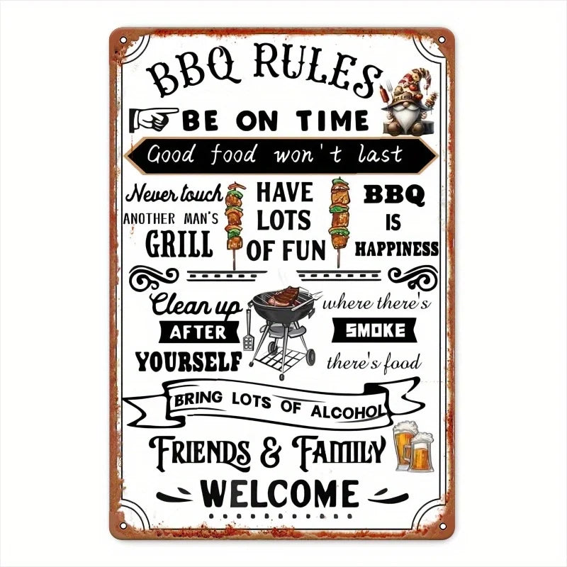 Vintage BBQ Rules Aluminum Metal Sign - 8x12 Inch Wall Decor for Home Bar, Patio, Grill, Coffee Shops, and Restaurants