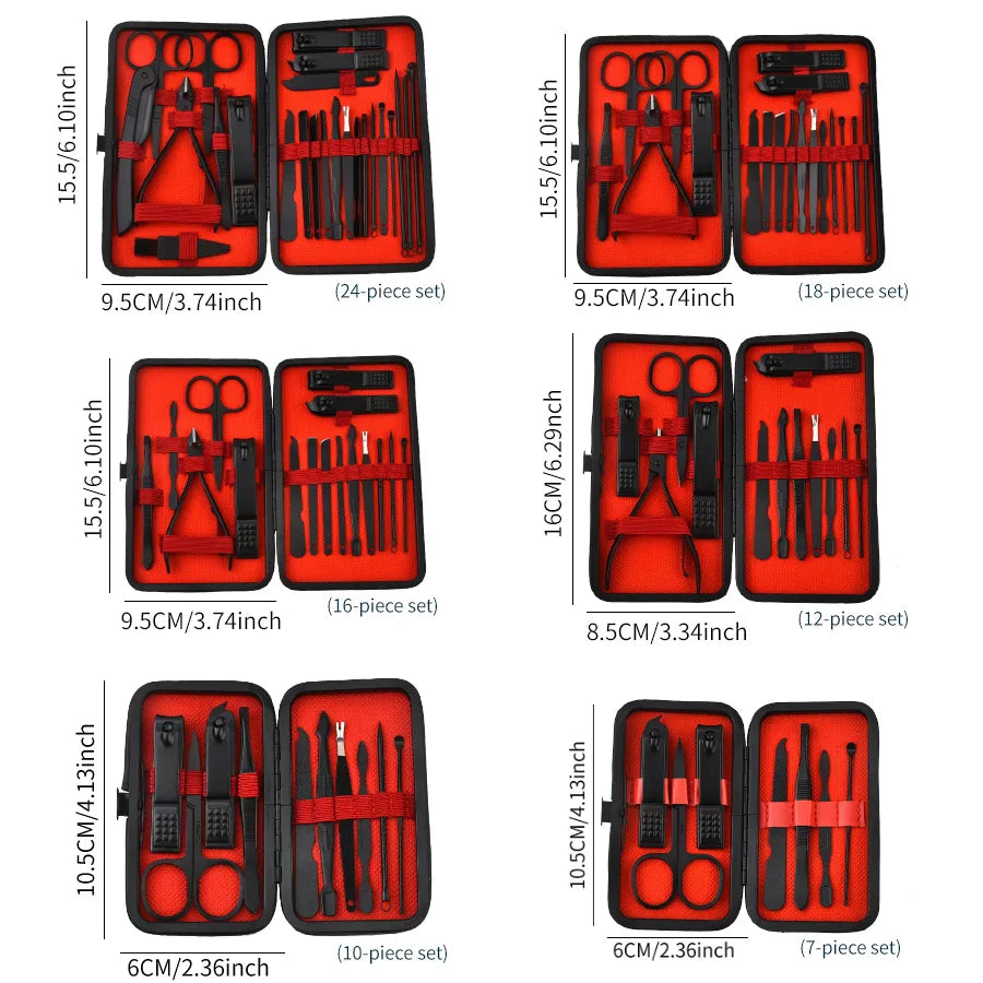 ✨ Luxe Carbon-Steel 24-Piece Nail Care Kit – Professional Manicure & Pedicure Set (Black + Red Edition)