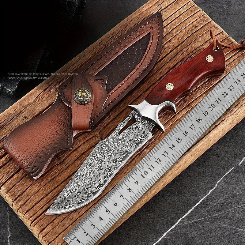 Damascus-Style Fixed Blade Knife – Premium Stainless Steel Blade, Wooden Handle & Leather Sheath