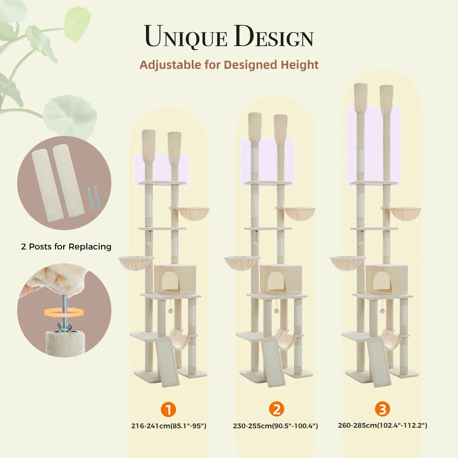 Cactus Floor-to-Ceiling Cat Tree Tower – 7-Tier Adjustable Cat Climbing Tree with Hammocks & Condo