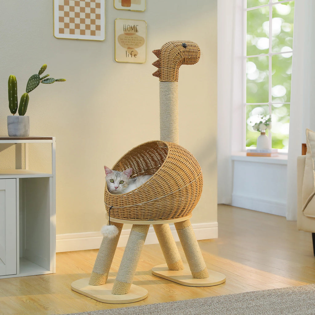 Dinosaur Cat Tree Tower – Rattan Cat Condo with Sisal Scratching Posts