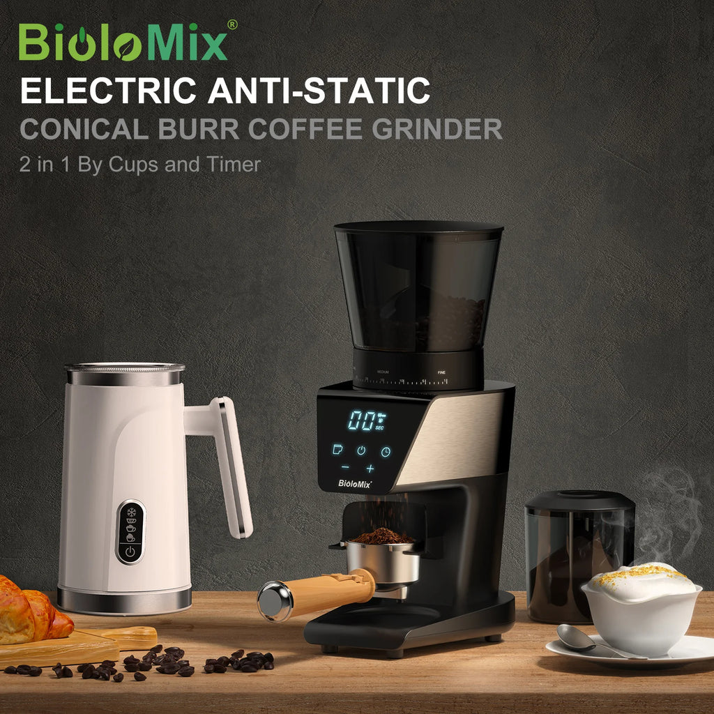 BioloMix Precision Conical Burr Coffee Grinder – 30-Setting Electric Burr Mill with LCD Timer, Magneti Ring & 300g Hopper