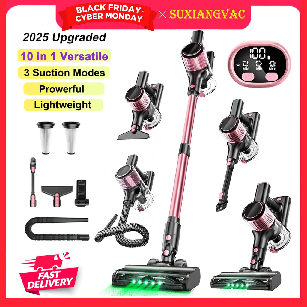 ✨ SuXiangVac 10-in-1 Cordless Vacuum Cleaner – 40Kpa, 500W, 45-Min Runtime, LED Display, Green Light Detection, HEPA Filtration – Perfect for Pets, Hard Floors & Carpets