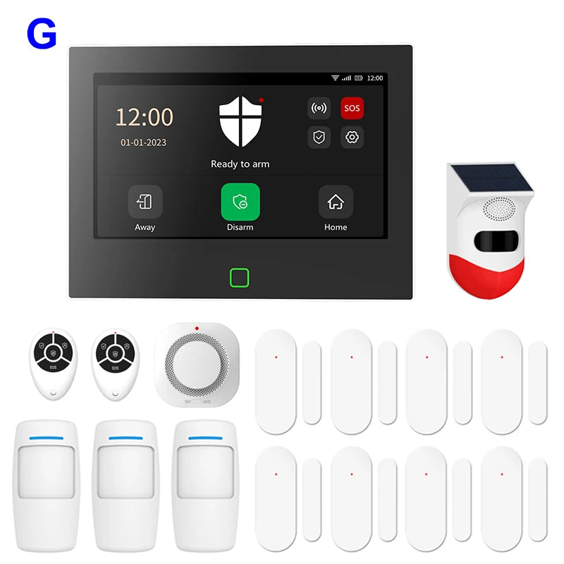 7 inch 4G & WiFi Home Alarm Host System Wireless GSM Big Screen Touch Panel Tuya Smart Security Protection Kit Remote Control