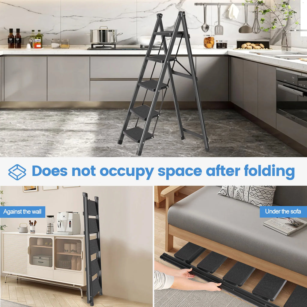 Non-Slip Folding Step Ladder – 5-Step Multifunctional Household Ladder with Herringbone Anti-Slip Treads for Home & Work