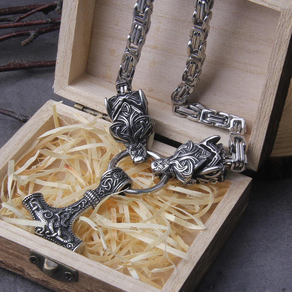 Viking Thor’s Hammer Necklace with Wolf Head & Wooden Gift Box