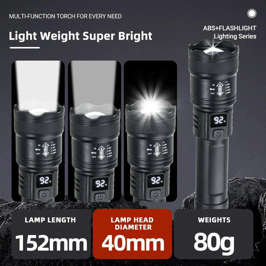 2000LM Tactical LED Flashlight with USB Recharge, Zoomable & Waterproof Camping Torch with Power Bank & Battery Indicator