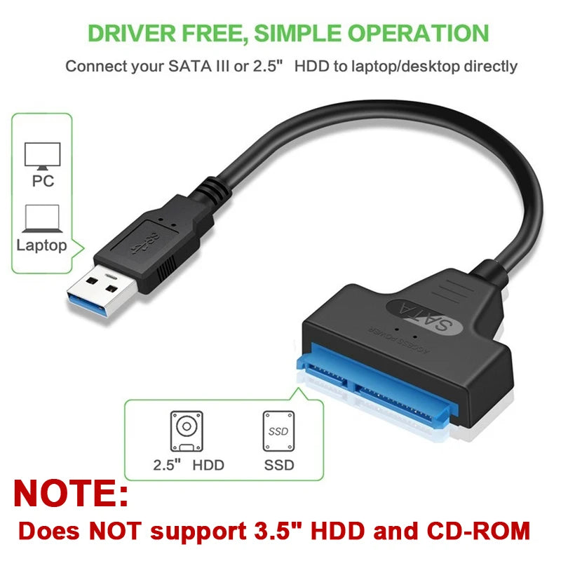 SATA to USB 3.0 Cable Adapter for 2.5” HDD SSD – 6Gbps Fast Data Transfer, External SATA III to USB 3.0/2.0 Compatible